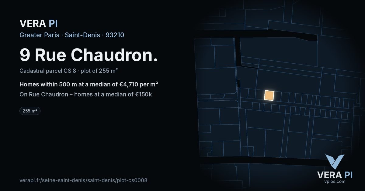 9 Rue Chaudron, Saint-Denis at night – the plot lit, the parcels around coloured by the prices near them