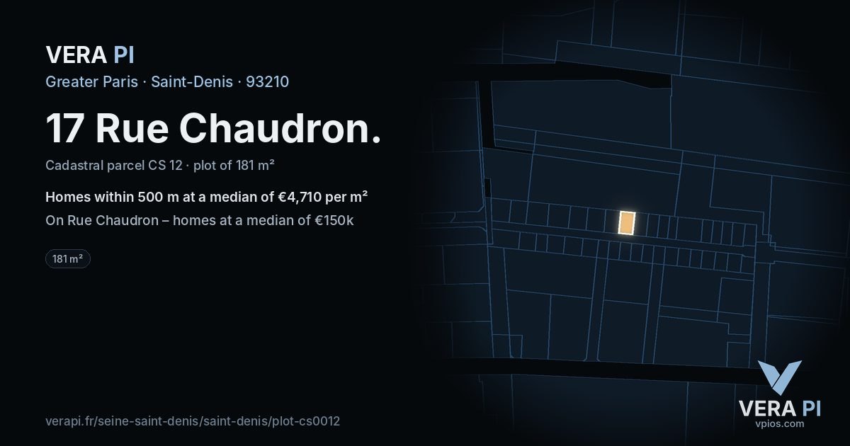 17 Rue Chaudron, Saint-Denis at night – the plot lit, the parcels around coloured by the prices near them