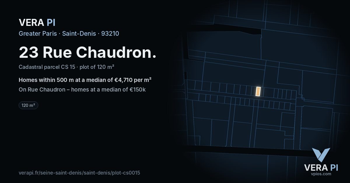 23 Rue Chaudron, Saint-Denis at night – the plot lit, the parcels around coloured by the prices near them