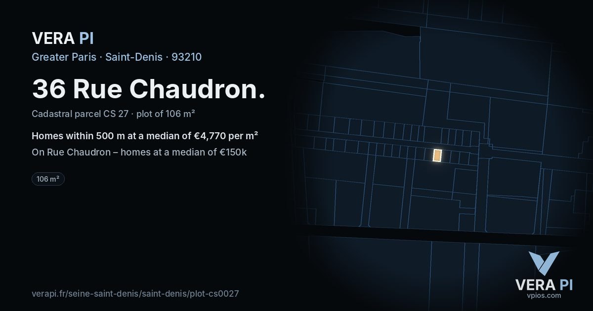 36 Rue Chaudron, Saint-Denis at night – the plot lit, the parcels around coloured by the prices near them