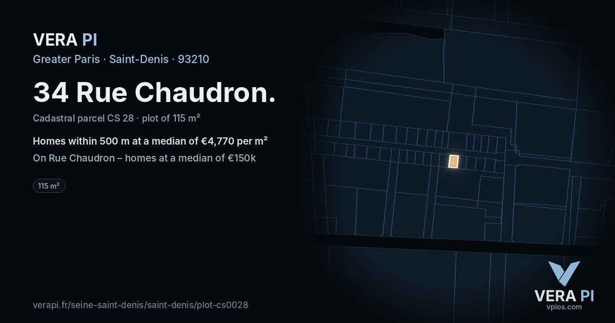 34 Rue Chaudron, Saint-Denis at night – the plot lit, the parcels around coloured by the prices near them