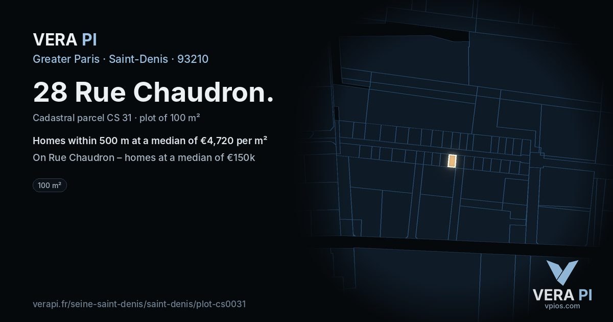 28 Rue Chaudron, Saint-Denis at night – the plot lit, the parcels around coloured by the prices near them