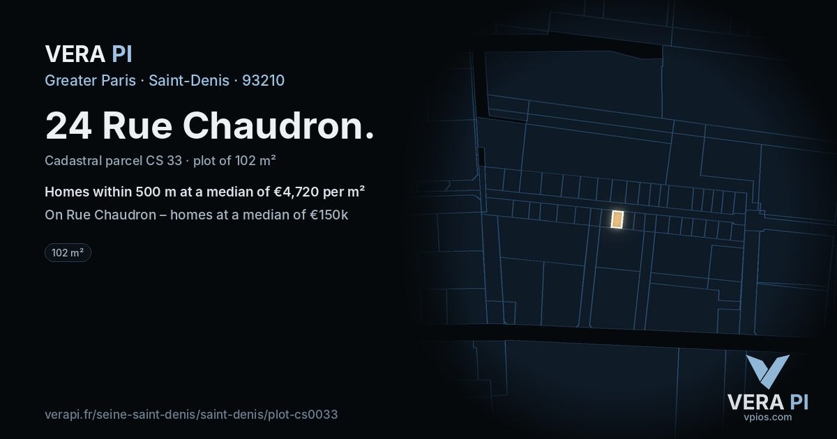 24 Rue Chaudron, Saint-Denis at night – the plot lit, the parcels around coloured by the prices near them