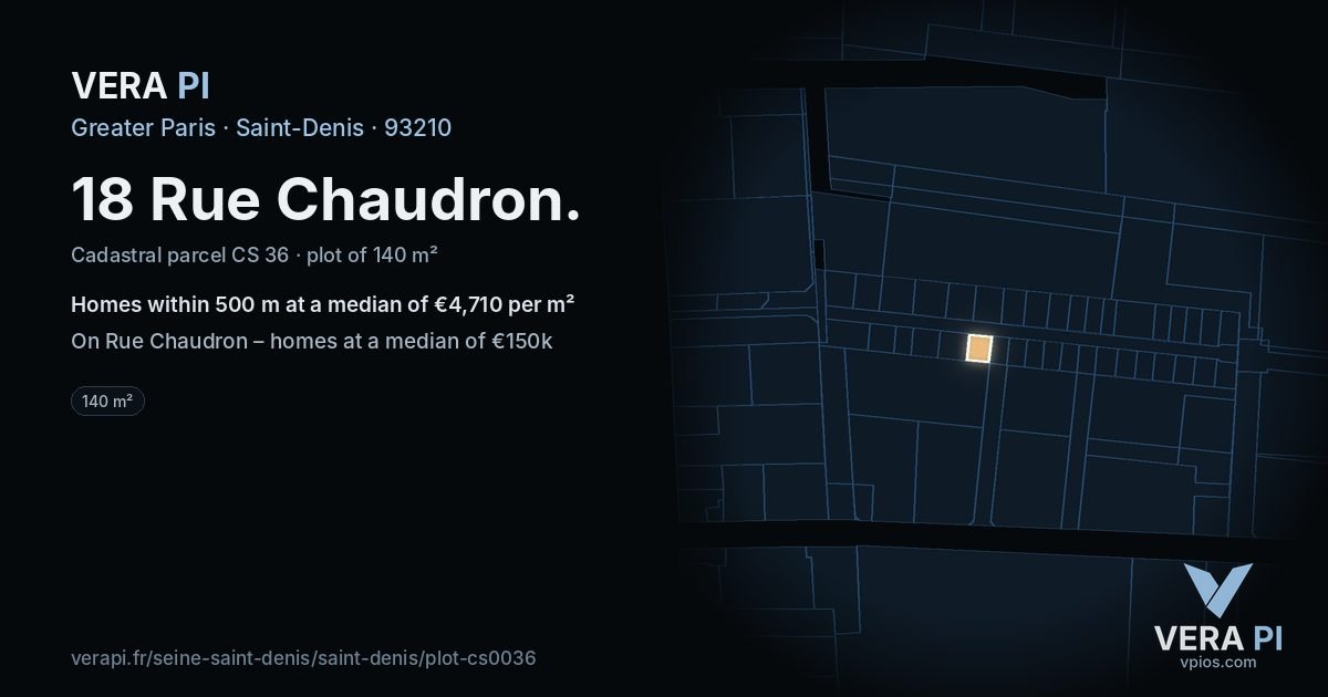 18 Rue Chaudron, Saint-Denis at night – the plot lit, the parcels around coloured by the prices near them