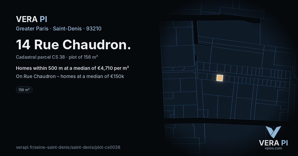 14 Rue Chaudron, Saint-Denis at night – the plot lit, the parcels around coloured by the prices near them