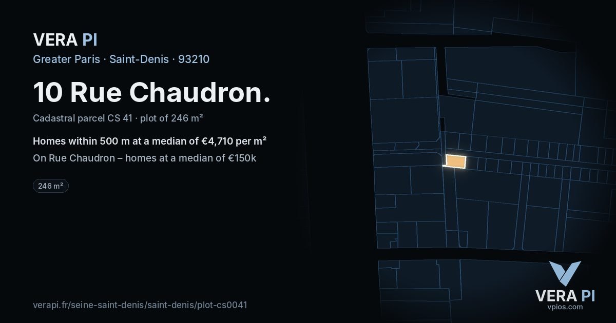 10 Rue Chaudron, Saint-Denis at night – the plot lit, the parcels around coloured by the prices near them