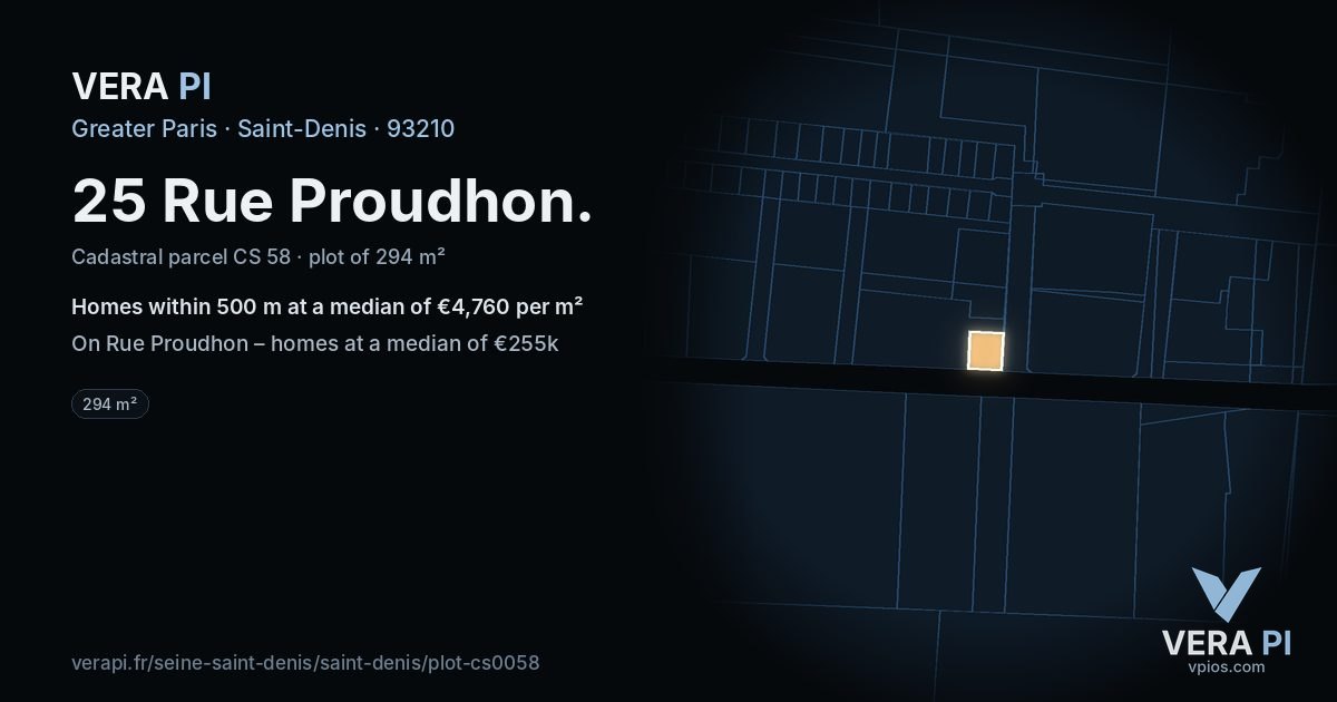 25 Rue Proudhon, Saint-Denis at night – the plot lit, the parcels around coloured by the prices near them
