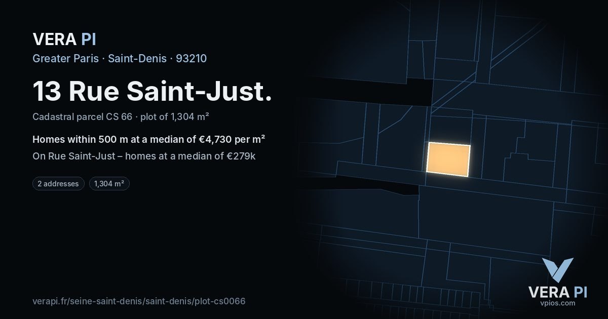 13 Rue Saint-Just, Saint-Denis at night – the plot lit, the parcels around coloured by the prices near them