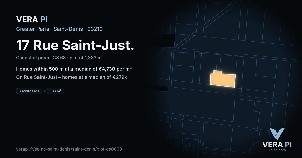17 Rue Saint-Just, Saint-Denis at night – the plot lit, the parcels around coloured by the prices near them
