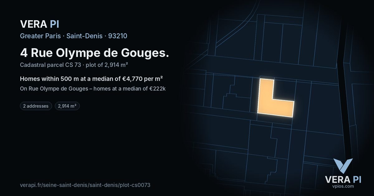 4 Rue Olympe de Gouges, Saint-Denis at night – the plot lit, the parcels around coloured by the prices near them