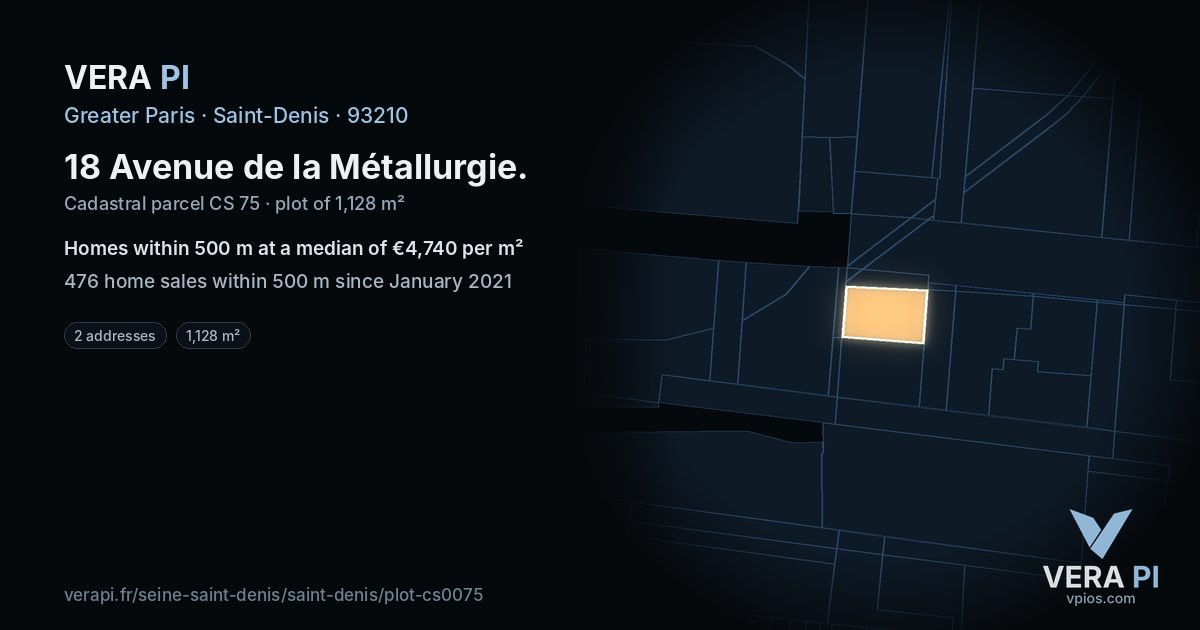 18 Avenue de la Métallurgie, Saint-Denis at night – the plot lit, the parcels around coloured by the prices near them