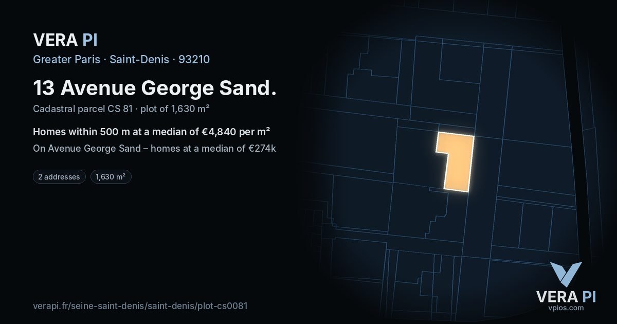 13 Avenue George Sand, Saint-Denis at night – the plot lit, the parcels around coloured by the prices near them