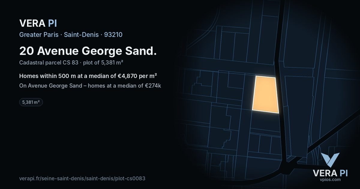 20 Avenue George Sand, Saint-Denis at night – the plot lit, the parcels around coloured by the prices near them