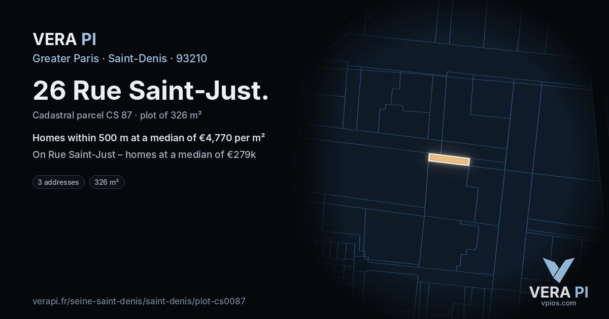 26 Rue Saint-Just, Saint-Denis at night – the plot lit, the parcels around coloured by the prices near them