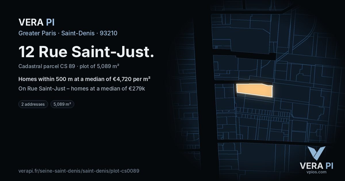 12 Rue Saint-Just, Saint-Denis at night – the plot lit, the parcels around coloured by the prices near them