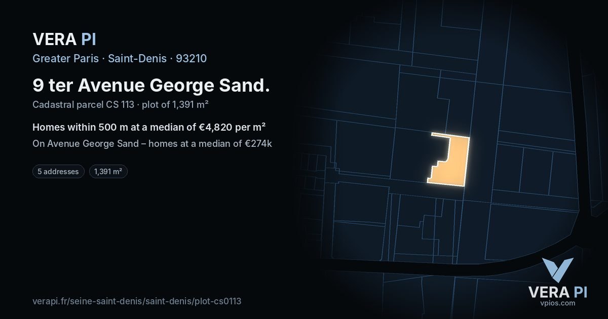 9 ter Avenue George Sand, Saint-Denis at night – the plot lit, the parcels around coloured by the prices near them