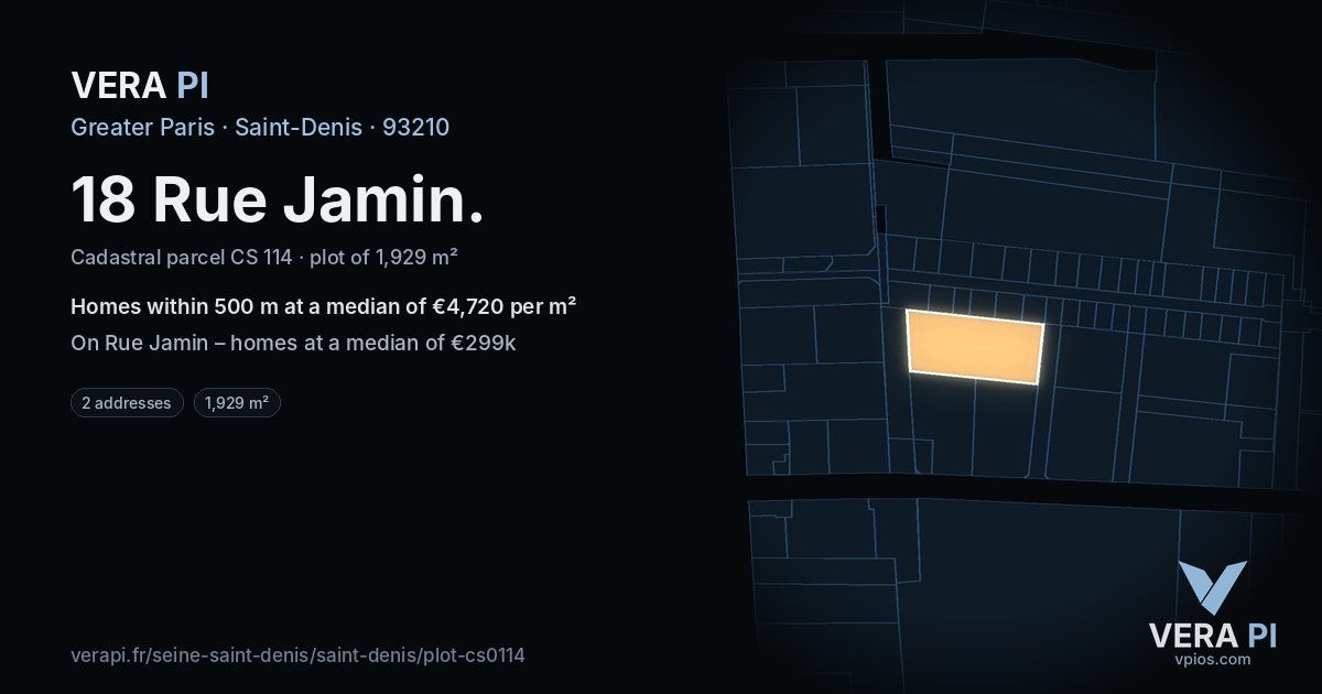 18 Rue Jamin, Saint-Denis at night – the plot lit, the parcels around coloured by the prices near them