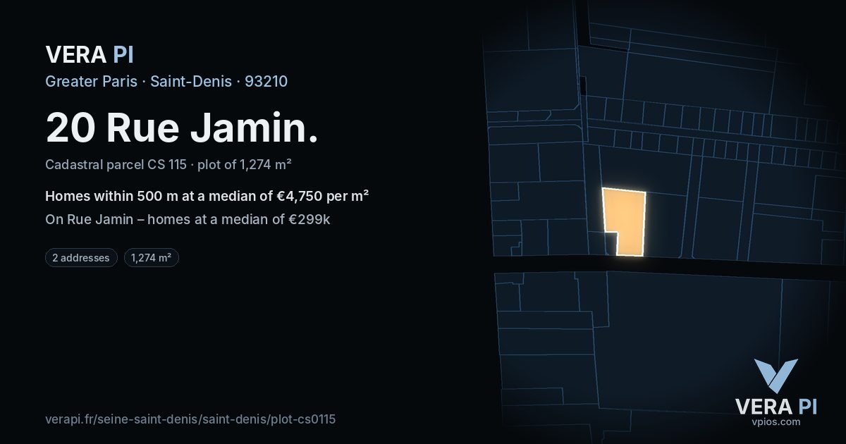 20 Rue Jamin, Saint-Denis at night – the plot lit, the parcels around coloured by the prices near them