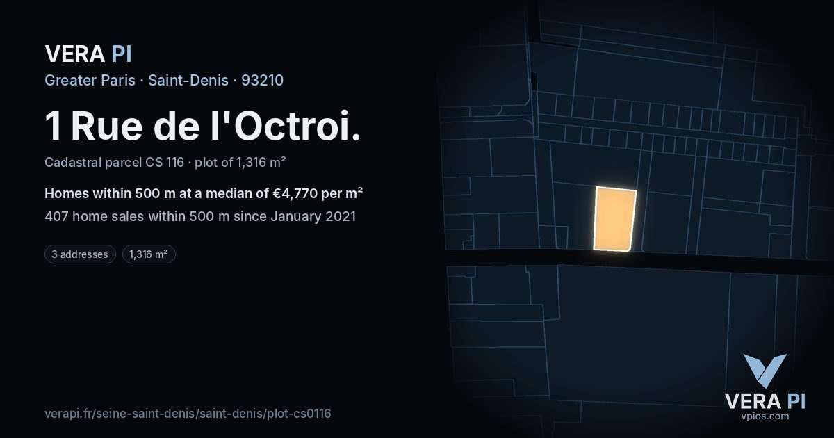 1 Rue de l'Octroi, Saint-Denis at night – the plot lit, the parcels around coloured by the prices near them