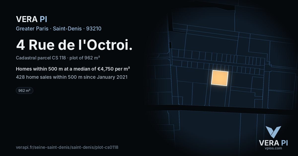 4 Rue de l'Octroi, Saint-Denis at night – the plot lit, the parcels around coloured by the prices near them