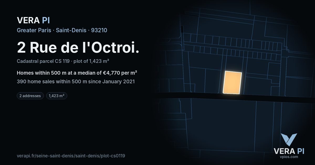 2 Rue de l'Octroi, Saint-Denis at night – the plot lit, the parcels around coloured by the prices near them