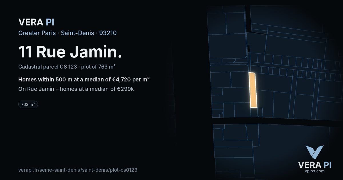 11 Rue Jamin, Saint-Denis at night – the plot lit, the parcels around coloured by the prices near them