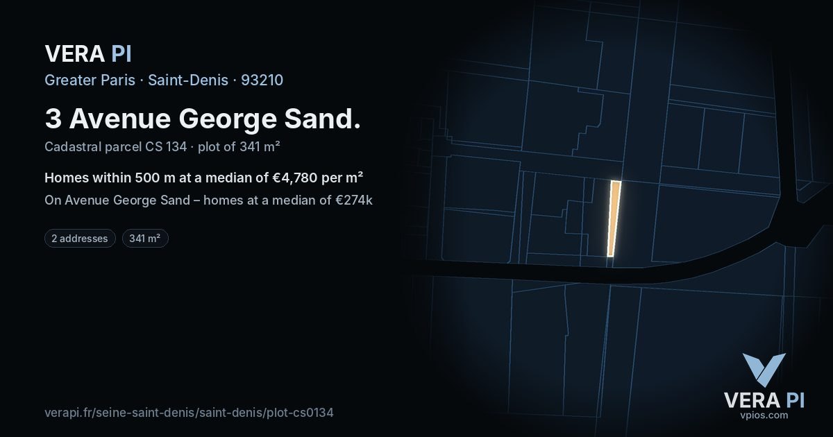 3 Avenue George Sand, Saint-Denis at night – the plot lit, the parcels around coloured by the prices near them