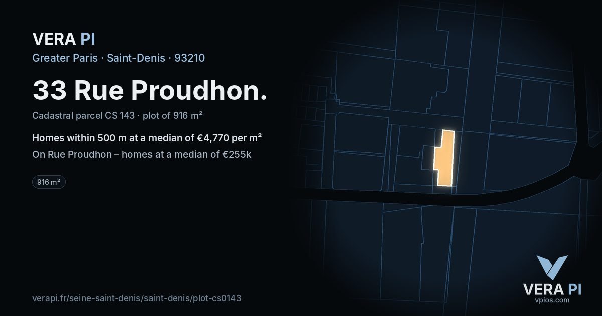 33 Rue Proudhon, Saint-Denis at night – the plot lit, the parcels around coloured by the prices near them