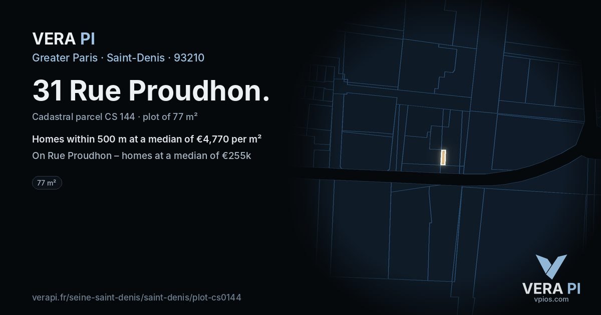 31 Rue Proudhon, Saint-Denis at night – the plot lit, the parcels around coloured by the prices near them