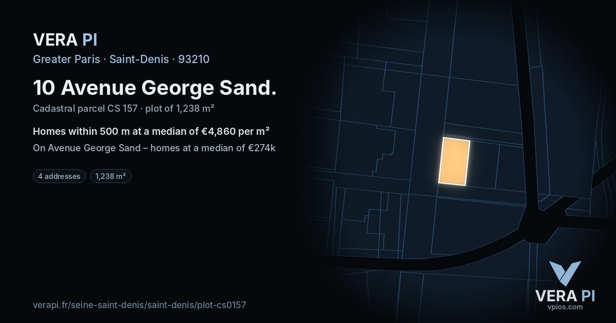 10 Avenue George Sand, Saint-Denis at night – the plot lit, the parcels around coloured by the prices near them