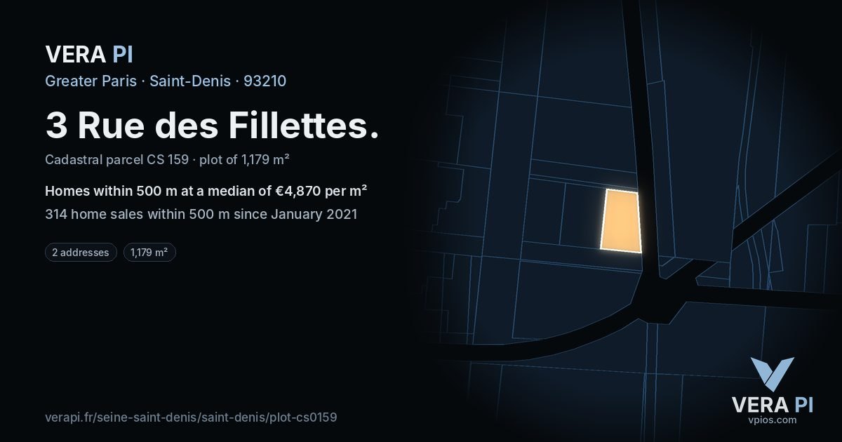 3 Rue des Fillettes, Saint-Denis at night – the plot lit, the parcels around coloured by the prices near them