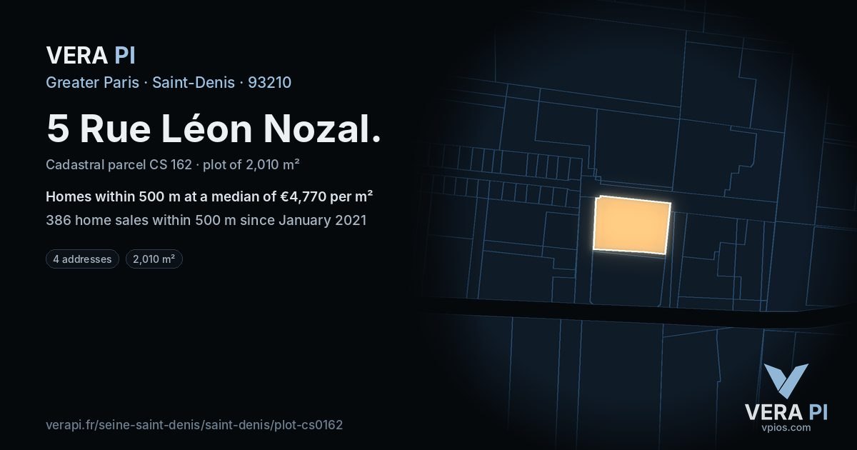 5 Rue Léon Nozal, Saint-Denis at night – the plot lit, the parcels around coloured by the prices near them