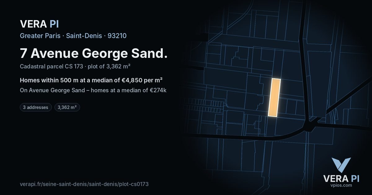 7 Avenue George Sand, Saint-Denis at night – the plot lit, the parcels around coloured by the prices near them