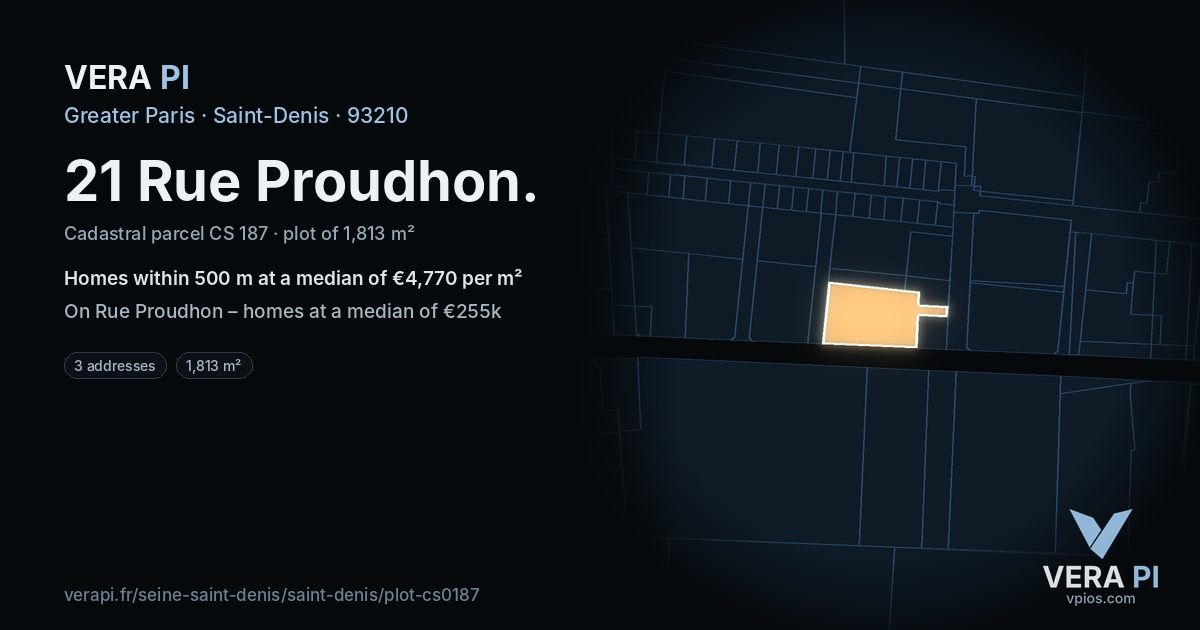 21 Rue Proudhon, Saint-Denis at night – the plot lit, the parcels around coloured by the prices near them