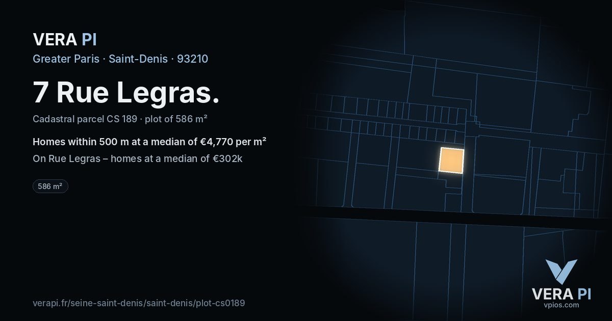 7 Rue Legras, Saint-Denis at night – the plot lit, the parcels around coloured by the prices near them