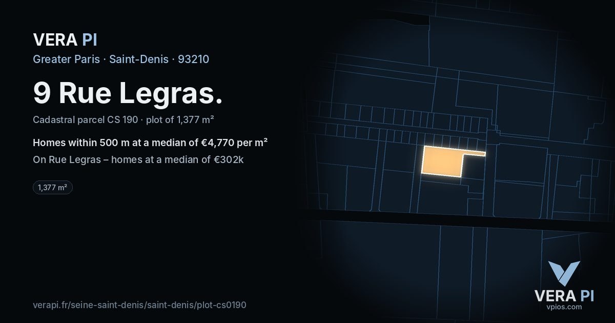 9 Rue Legras, Saint-Denis at night – the plot lit, the parcels around coloured by the prices near them