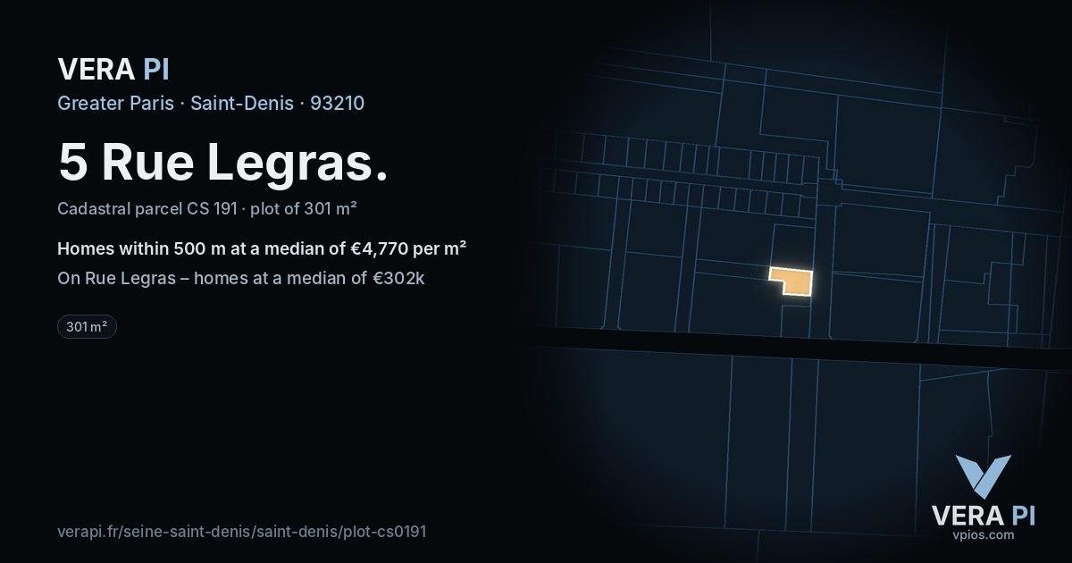 5 Rue Legras, Saint-Denis at night – the plot lit, the parcels around coloured by the prices near them