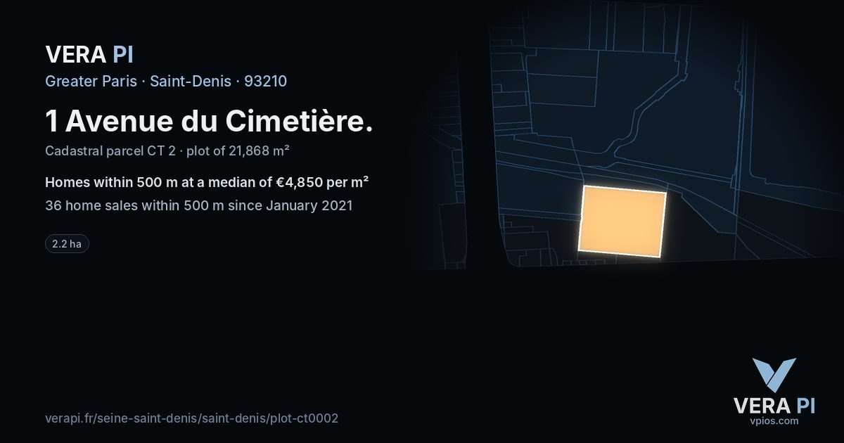 1 Avenue du Cimetière, Saint-Denis at night – the plot lit, the parcels around coloured by the prices near them