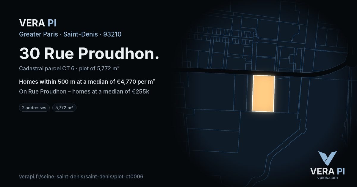 30 Rue Proudhon, Saint-Denis at night – the plot lit, the parcels around coloured by the prices near them