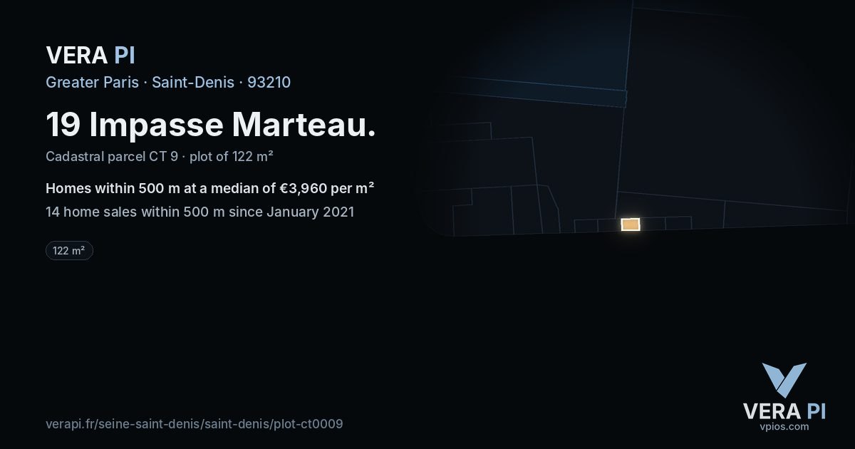 19 Impasse Marteau, Saint-Denis at night – the plot lit, the parcels around coloured by the prices near them