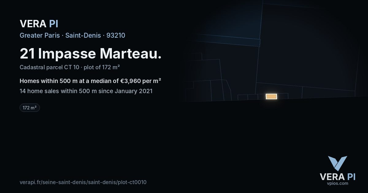 21 Impasse Marteau, Saint-Denis at night – the plot lit, the parcels around coloured by the prices near them