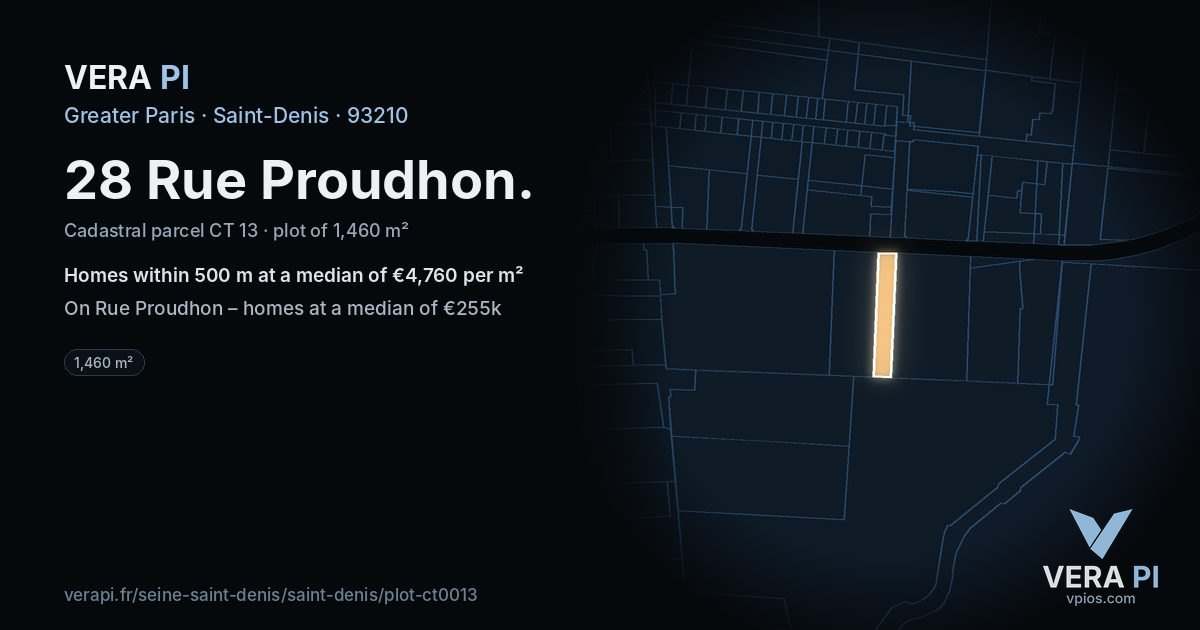 28 Rue Proudhon, Saint-Denis at night – the plot lit, the parcels around coloured by the prices near them