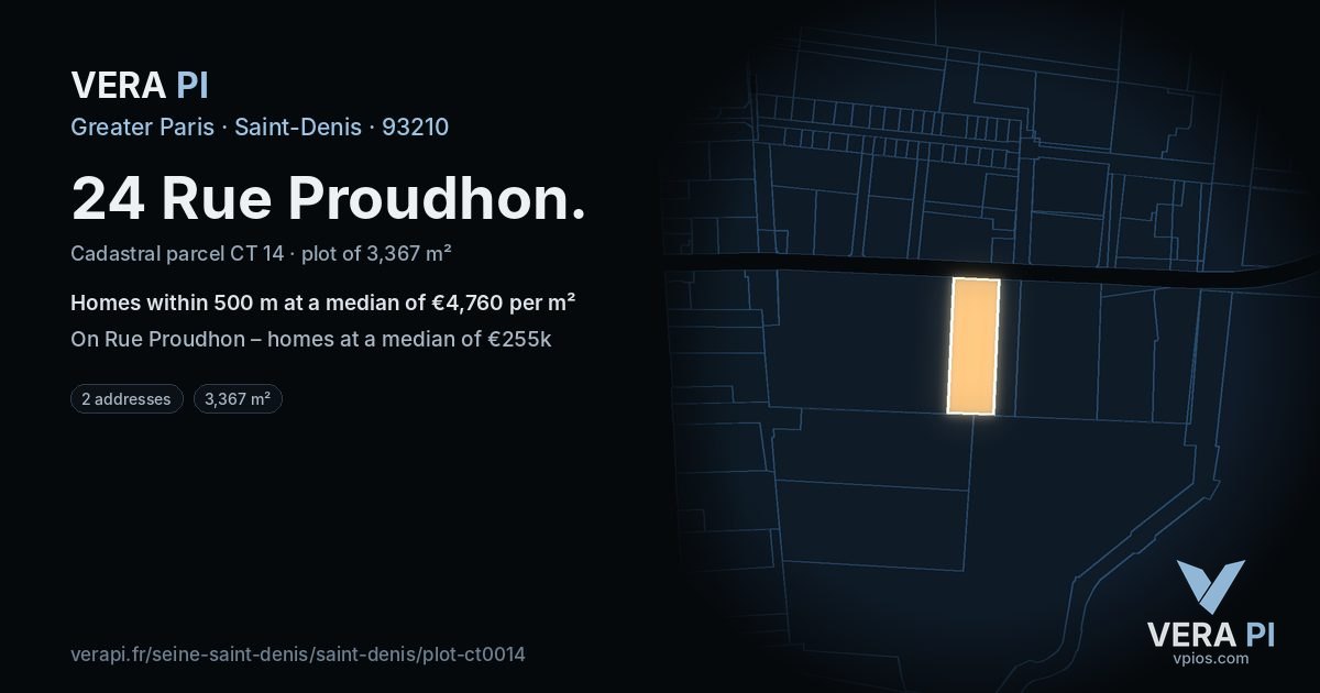 24 Rue Proudhon, Saint-Denis at night – the plot lit, the parcels around coloured by the prices near them