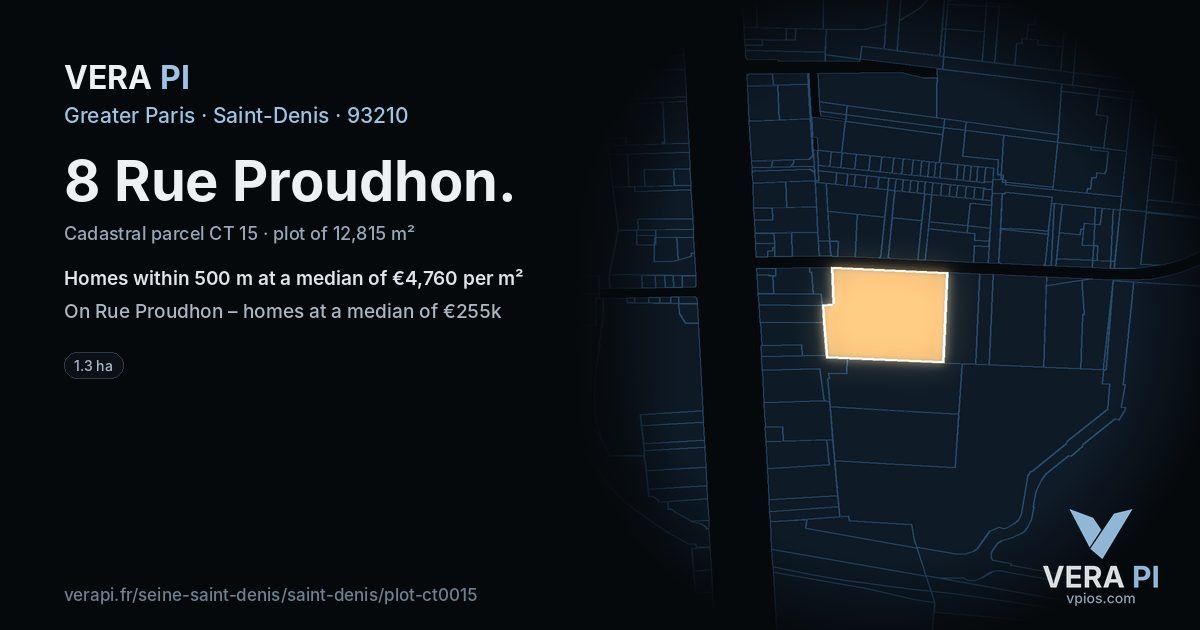 8 Rue Proudhon, Saint-Denis at night – the plot lit, the parcels around coloured by the prices near them