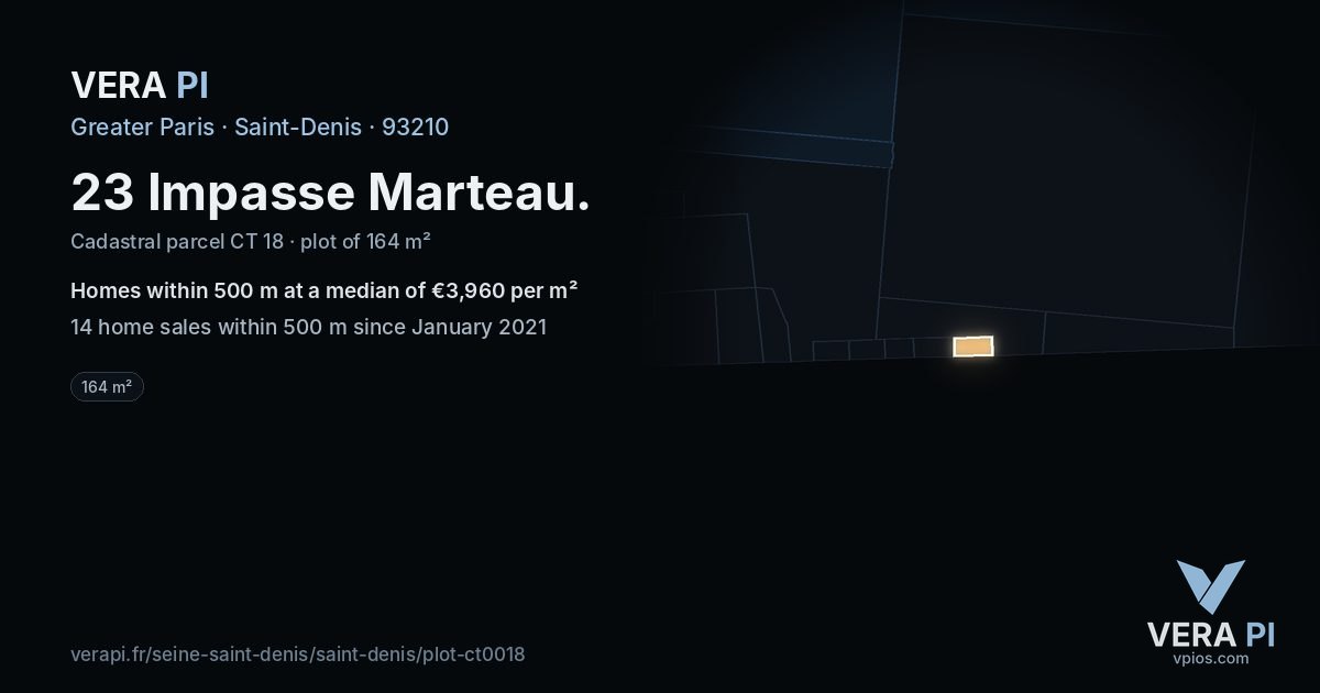 23 Impasse Marteau, Saint-Denis at night – the plot lit, the parcels around coloured by the prices near them