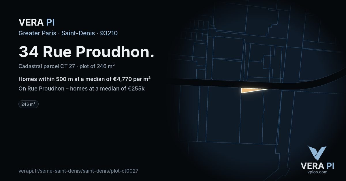 34 Rue Proudhon, Saint-Denis at night – the plot lit, the parcels around coloured by the prices near them