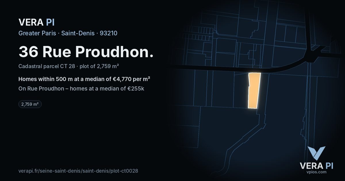 36 Rue Proudhon, Saint-Denis at night – the plot lit, the parcels around coloured by the prices near them