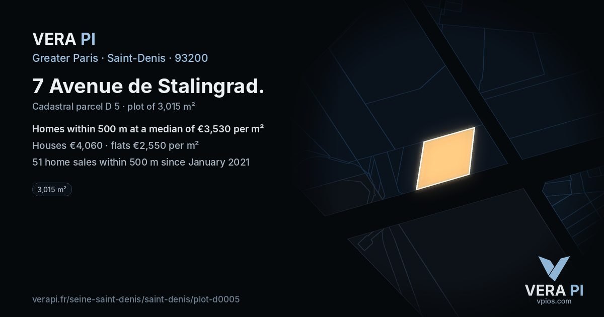7 Avenue de Stalingrad, Saint-Denis at night – the plot lit, the parcels around coloured by the prices near them