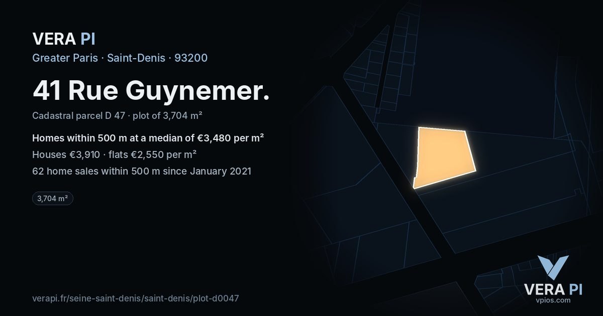 41 Rue Guynemer, Saint-Denis at night – the plot lit, the parcels around coloured by the prices near them