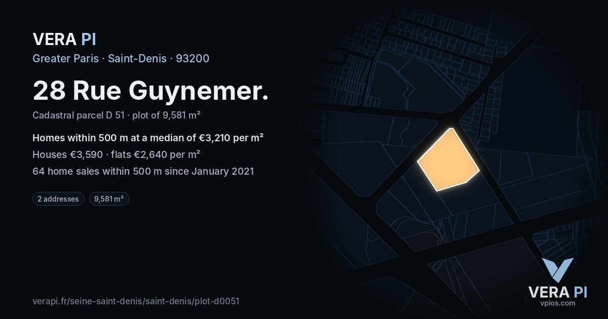 28 Rue Guynemer, Saint-Denis at night – the plot lit, the parcels around coloured by the prices near them